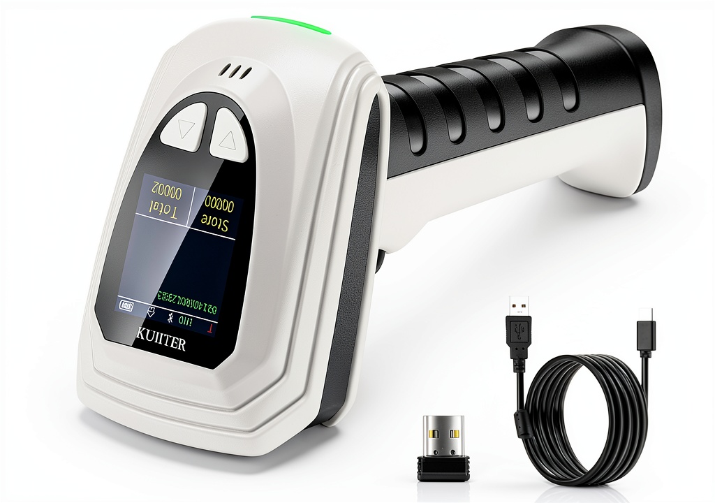 KUIIYER Bluetooth Barcode Scanner U2-B positioned on a wooden desk with packaging and USB‑C charger